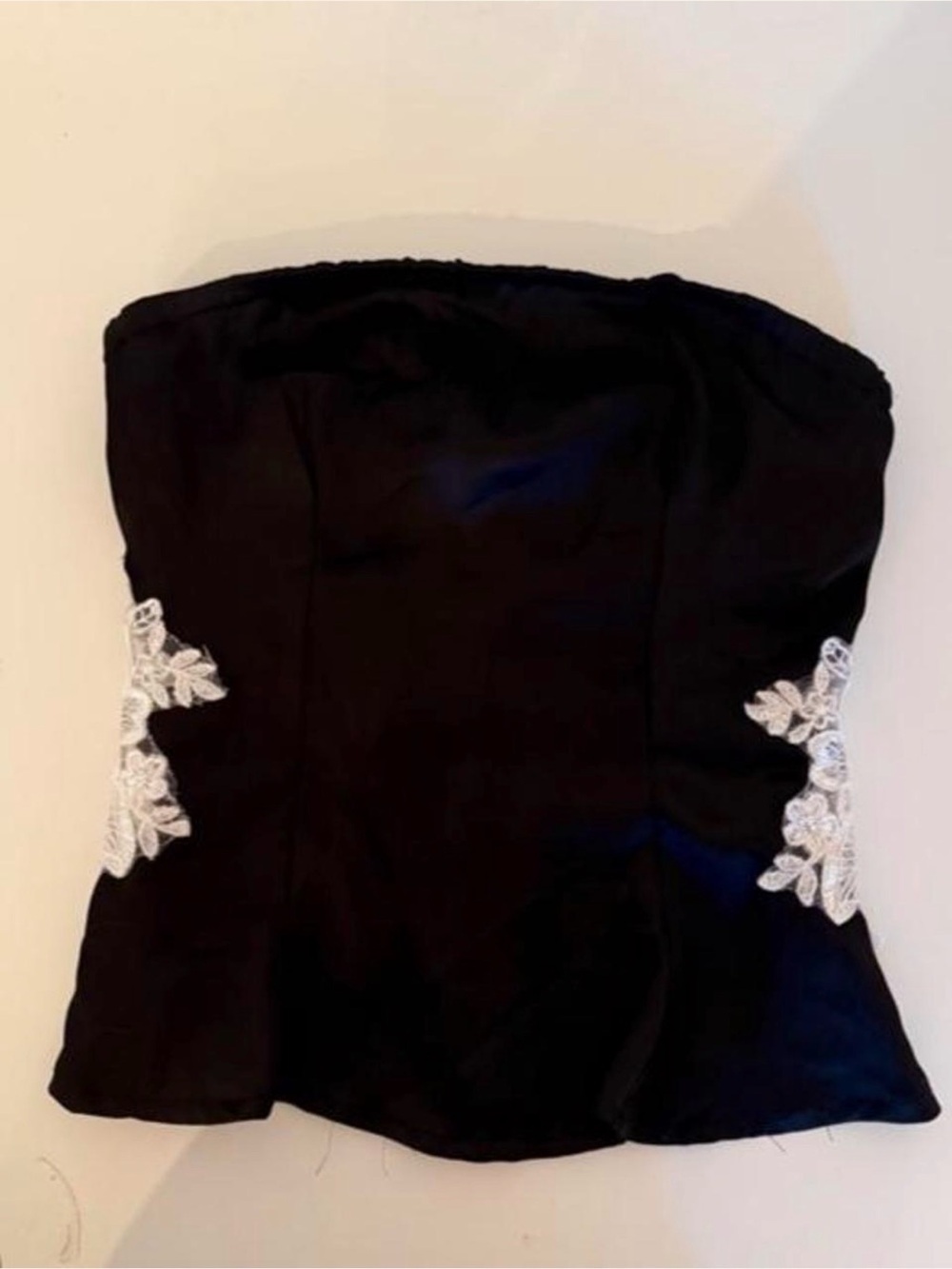 Princess Polly Black Strapless Top with White Lace Appliqué